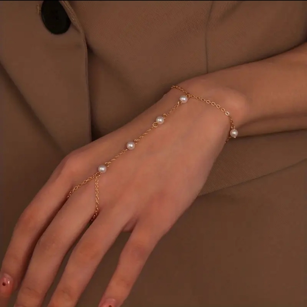 Hand Chain finger ring Gold plated bracelet pearl bracelet hand jewelry
